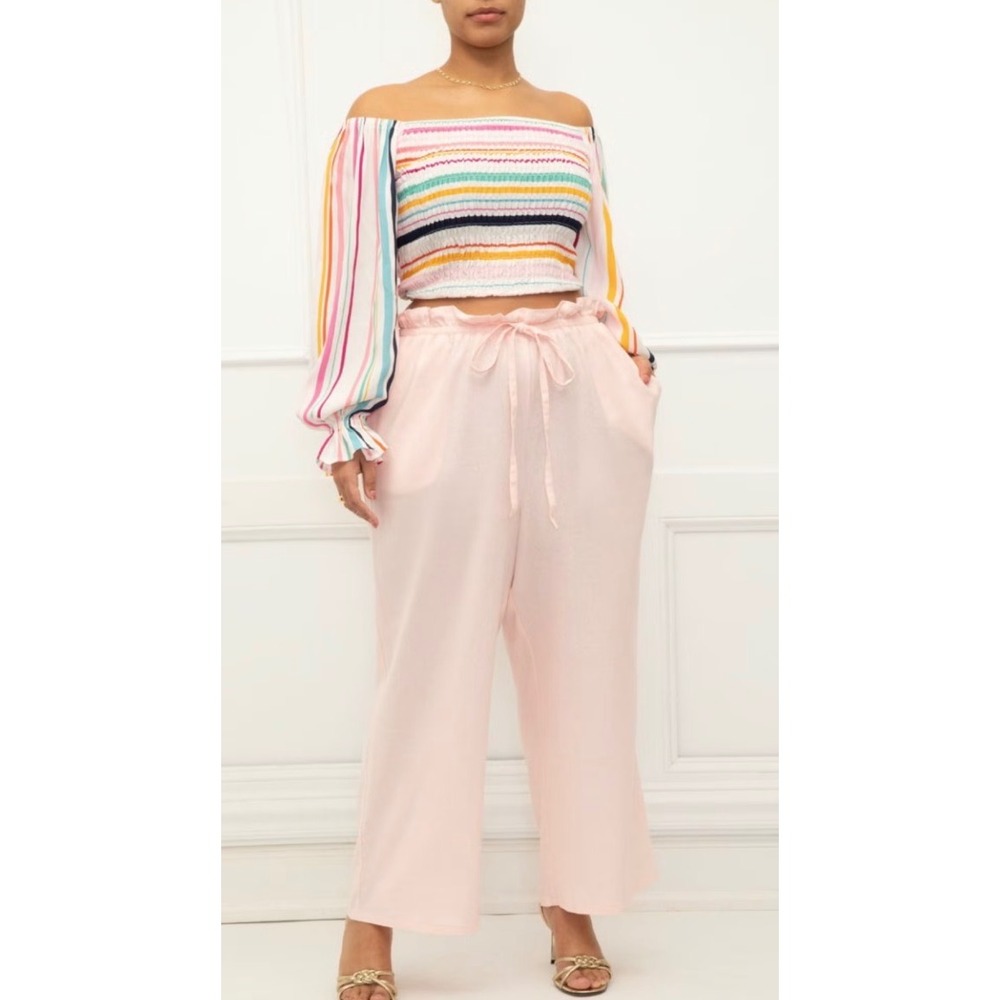Eloquii Elements Smocked Crop Top Women 22/24 Multicolor Rainbow Stripe Boho